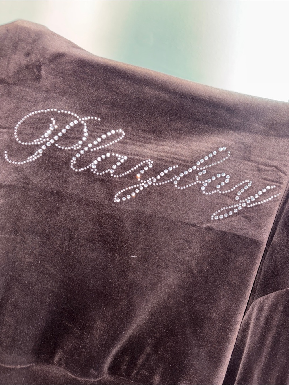 PLAYBOY Brown Velour Top with Rhinestone Script Logo - Picture 4 of 13